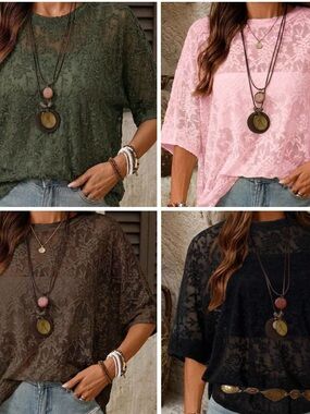 FW3- Lace Overlay Short Sleeve Blouse — 🚨 4 COLORS -Olive, Pink, Brown, Black